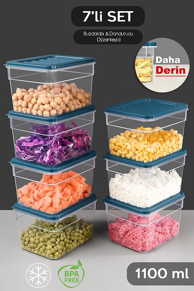 Meleni Home Blue Organizer Set of 7 - Deep Refrigerator, Microwave and Freezer Container, 1100ml Capacity