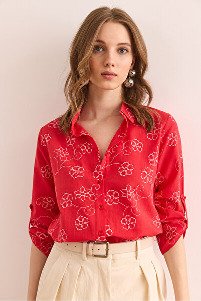 Olalook Women's Ivy Red Sleeve Folded Linen Shirt Gml- 19000825