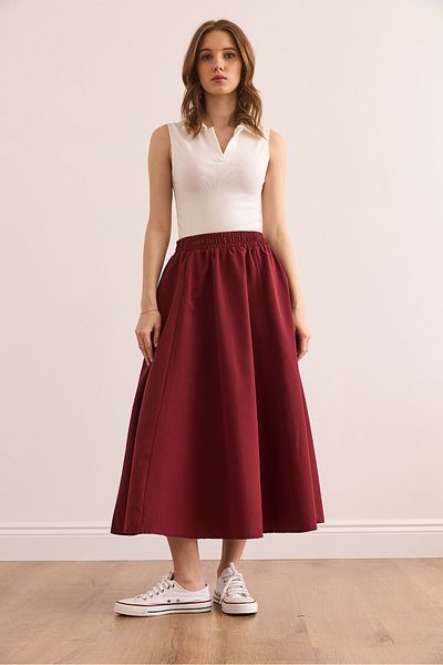 Olalook Burgunderroter Midi-Glockenrock mit elastischer Taille und Taschen für Damen ETK- 19000271
