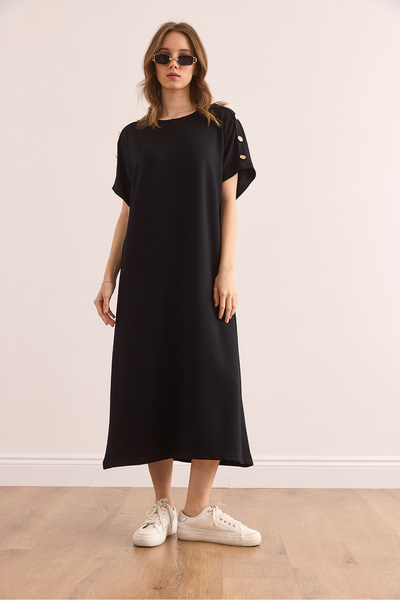 Olalook Kadın Siyah Omuzu Düğme Detaylı Kristal Dökümlü Elbise ELB-19002370