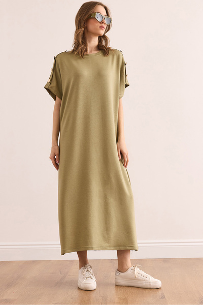 Olalook Women's Khaki Shoulder Button Detailed Crystal Draped Dress Elb- 19002370