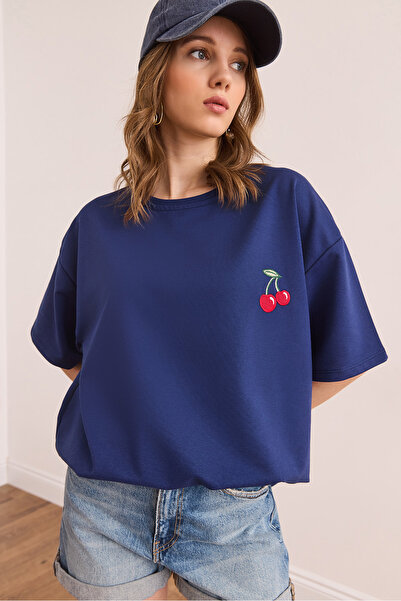 Olalook Women's Cherry Navy Blue Embroidered Comfortable Fit 2 Thread T-Shirt Tsh- 19000870