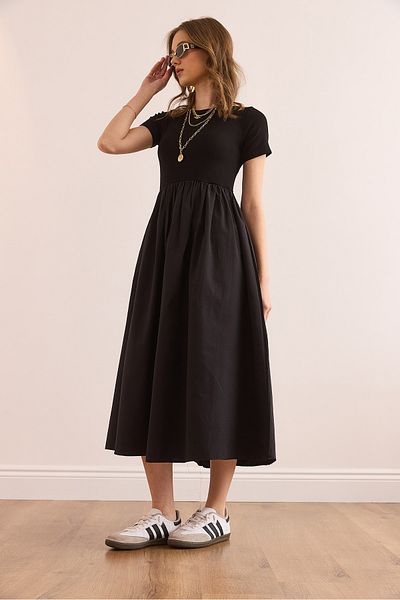 Olalook Schwarzes, garniertes Kurzarm-Midikleid für Damen ELB- 19002366