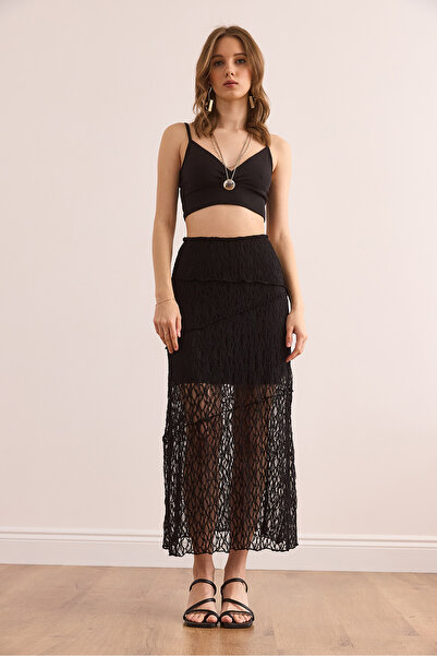 Olalook Kadın Siyah Astarlı Asietrik Dikişli Dantel Etek ETK-19000309