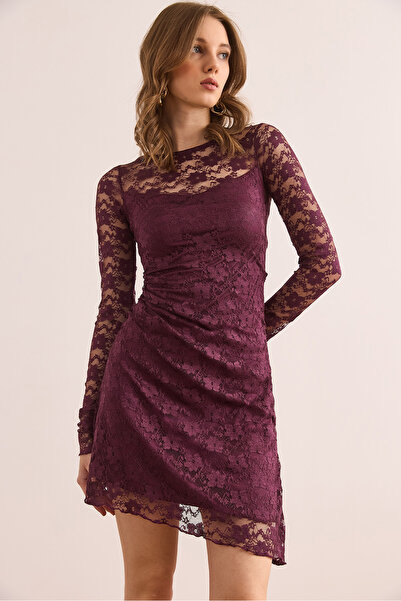 Olalook Kadın Mürdüm Astarlı Drape Detaylı Dantel Elbise ELB-19002367