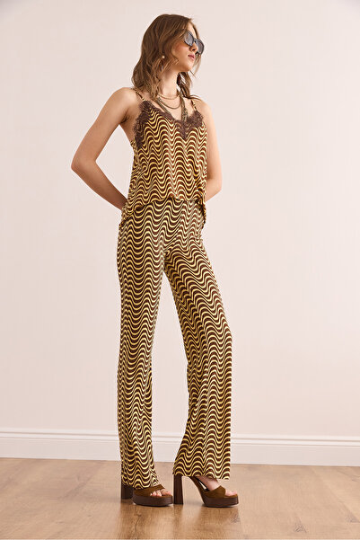 Olalook Women's Brown Flared Patterned Sandy Pants Pnt- 19000325