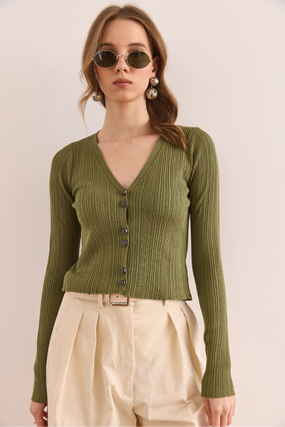 Olalook Women's Khaki Button Detailed Soft Textured Knitwear Cardigan Hrk- 19000352