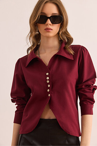 Olalook Kadın Bordo Düğme Detaylı Altı Oval Crop Gömlek GML-19001315