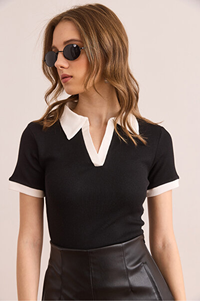 Olalook Dámská černá bílá polo límec barevný detail flexibilní bavlněná halenka BLZ- 19002920