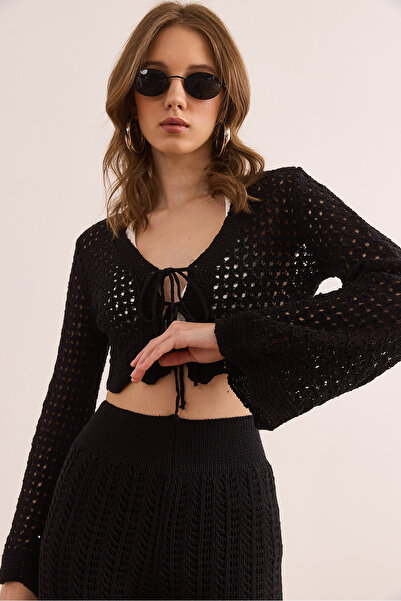 Olalook Γυναικεία μαύρη ισπανική ζακέτα με κορδόνι μπροστά με κορδόνι HRK- 19000351