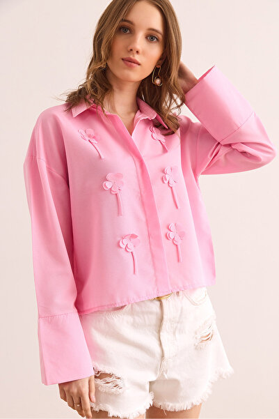 Olalook Γυναικείο πουκάμισο Candy Pink Crop με αξεσουάρ και κρυφές πατιλέτες GML- 19001314