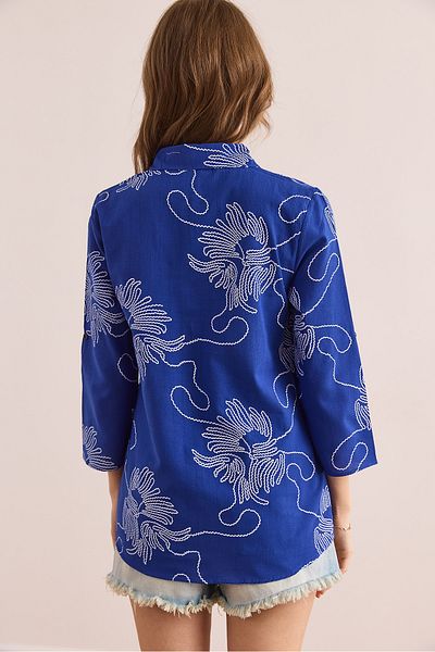 Olalook Women's Chain Saks Blue Sleeve Folded Linen Shirt Gml- 19000825