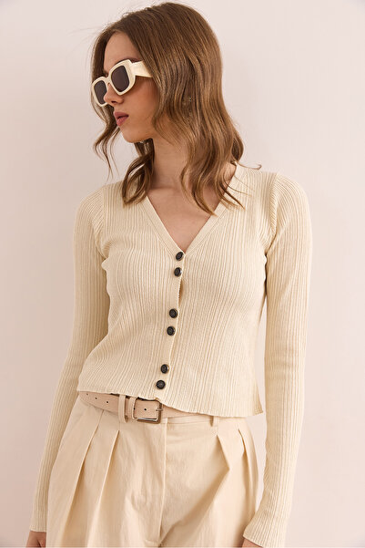 Olalook Women's Stone Button Detailed Soft Textured Knitwear Cardigan Hrk- 19000352