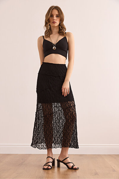 Olalook Kadın Siyah Astarlı Asietrik Dikişli Dantel Etek ETK-19000309