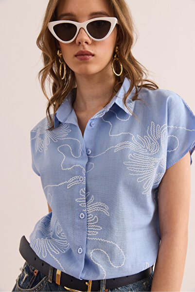 Olalook Blue Patterned Women's Bat Shirt Gml- 19001129