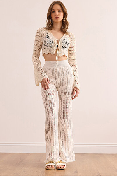 Olalook Kadın Beyaz Astarlı Ajurlu Triko Pantolon PNT-19000324