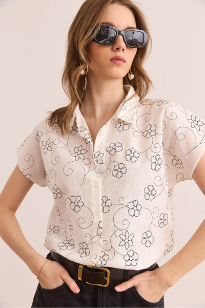 Olalook Women's Ivy White Patterned Linen Bat Shirt Gml- 19001129