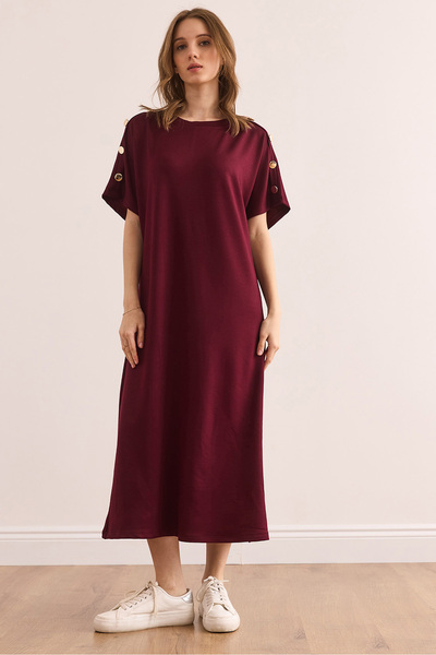 Olalook Γυναικείο μπορντό φόρεμα με κουμπιά ώμου με λεπτομέρεια κρυστάλλινο ντραπέ ELB- 19002370