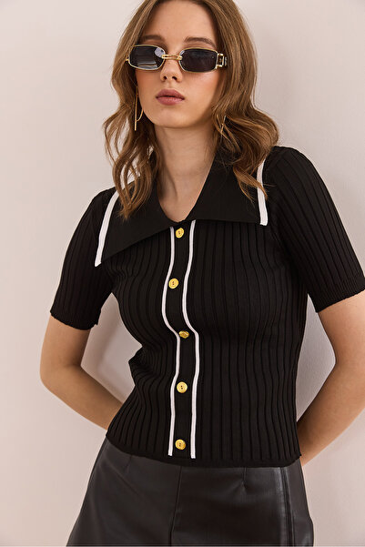 Olalook Women's Black Polo Neck Button Detailed Crop Knitwear Blouse Blz- 19002642