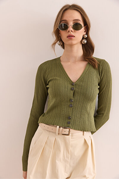 Olalook Women's Khaki Button Detailed Soft Textured Knitwear Cardigan Hrk- 19000352