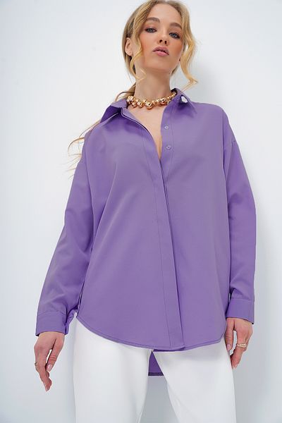 Trend Alaçatı Stili Lilafarbenes, übergroßes, langes, gewebtes Damenhemd ALC-X6828