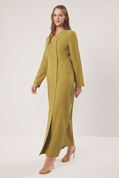 Trendyol Modest Ölgrünes Kleid aus gewebtem Stoff mit Knöpfen TCTSS25EB00027