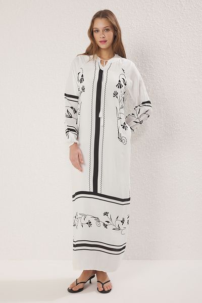 Trendyol Modest Ecru Floral Kaftan Tassel Detailed Woven Dress Tctss25Eb00102