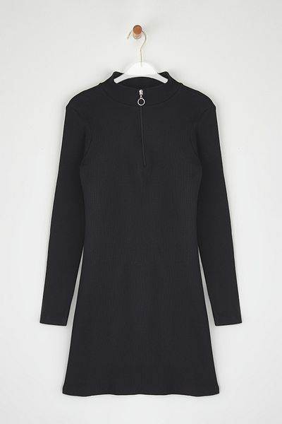 Edit by Trendyol Stretchy Corded Black Knitted Dress - Zippered Collar, Fitted TEDAW25EL00000