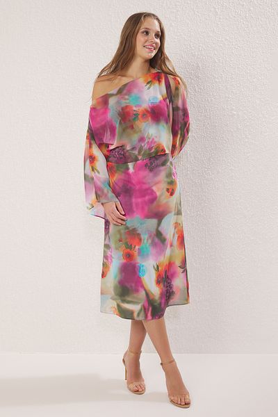 Trendyol Collection Multicolored Abstract Cape Detailed Maxi Lined Chiffon Dress Twoss25El00014