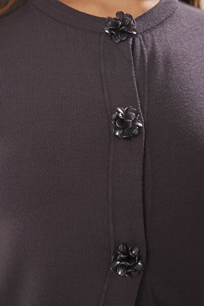 Trendyol Collection Anthracite Crew Neck Cardigan with Floral Accessories Twoss25Hi00006