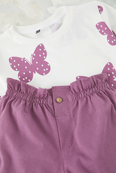 TRENDYOLKIDS Ecru lány pamut pillangós nyomott nyitott ujjú TKDSS25AU00079 szett