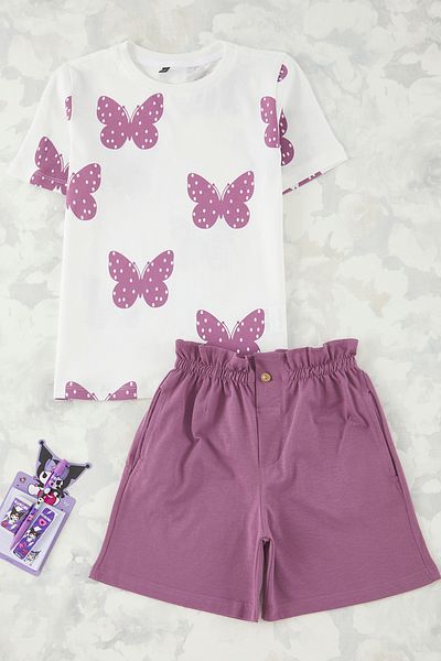 TRENDYOLKIDS Ecru Mädchen Baumwolle Schmetterling gedruckt offene Ärmel TKDSS25AU00079 Anzug