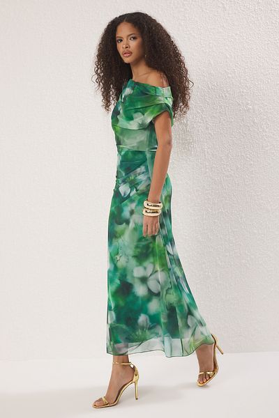 Trendyol Collection Grünes und mehrfarbiges, abstraktes, gemustertes, gefüttertes Midi-Abendkleid, Nachtabendkleid TPRSS25EL00015