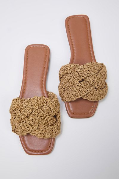 TRENDYOL SHOES Camel Knitted Women Straw Slippers Takss25Te00030