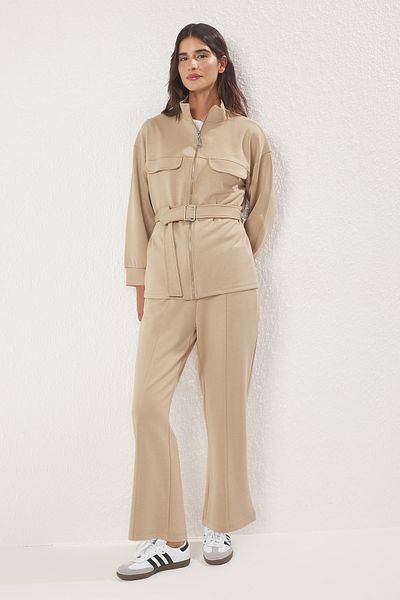 Trendyol Modest Σετ μεταξωτό Interlock Bottom-Top Mink Oversize TCTSS25US00040