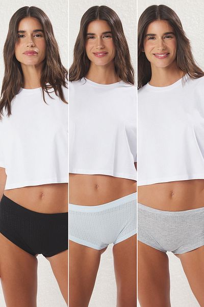 Trendyol Collection Kék szürke fekete 3 csomag 100% pamut pointel áttört lyukas fiú rövid kötött bugyi