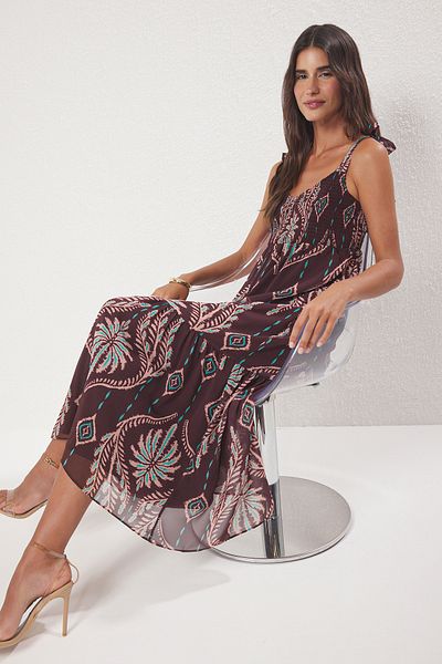 Trendyol Collection Brauner Schal-Muster-Rock, gewebtes Maxikleid mit Gips an der Taille