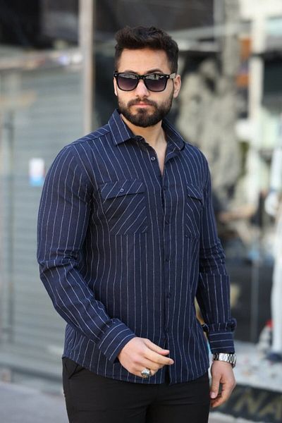 MODAVERA Men's Cotton Line Patterned Pocket Detailed Shirt