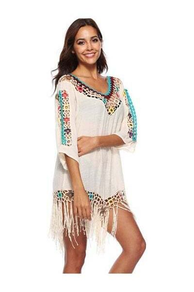 HALAMODO Women Swimsuit Cover Up, Half Sleeve Bikini Cover-up, Hollow Embroidery Floral Lace Beach Dress, Bea