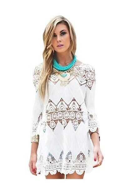 HALAMODO Women’s Bathing Suit Cover Up Crochet Lace Bikini Swimsuit Dress Beach Tops Net Coverups Summer Ca