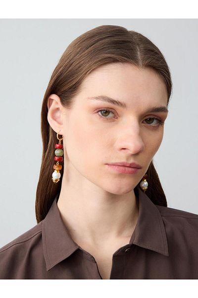 Jimmy Key Mixed Color Stone Detailed Hanging Earrings