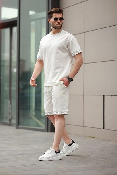 Madmext Ecru Printed 100% Cotton Men's Shorts T-Shirt Set E7312