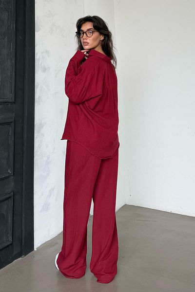 Madmext Red Linen - Women's Shirt and Pants Two-Piece Suit Mg2356