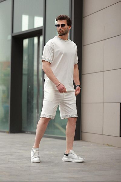 Madmext Ecru Printed 100% Cotton Men's Shorts T-Shirt Set E7312
