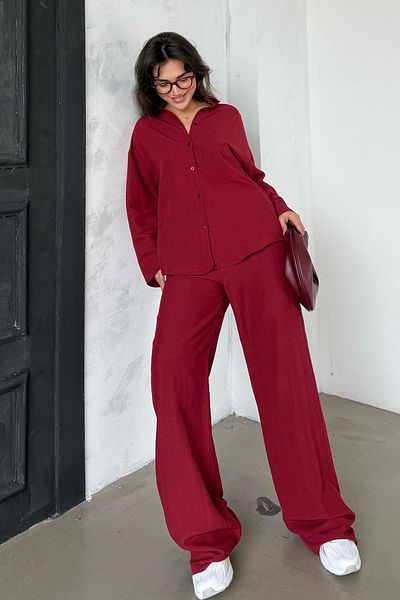 Madmext Red Linen - Women's Shirt and Pants Two-Piece Suit Mg2356