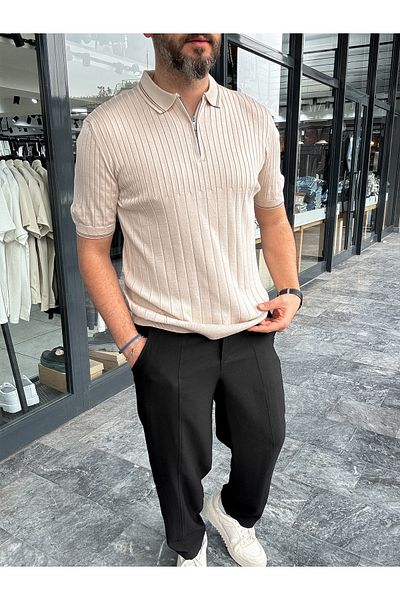 BYBASICMAN Beige Half Zipper Ribbed Polo Neck T-Shirt Yp-5004/