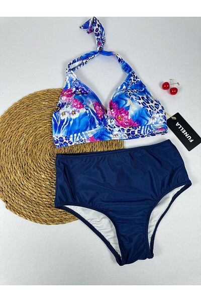 FUNELLA Tie Dye Print High Waist Neck Tie Stylish Bikini Set