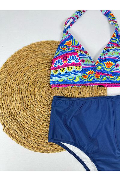 FUNELLA Tie Dye Print High Waist Neck Tie Stylish Bikini Set