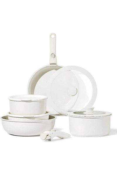 COOYA 9 Piece Kitchen Cookware Set, Non-stick, Removable Handle,suitable For All Stoves, White