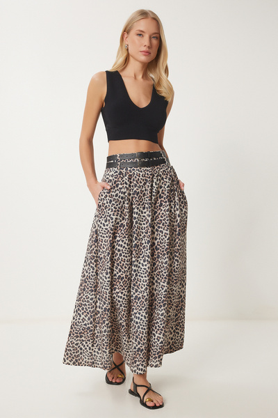 Lovelyİstanbul Double Belted Leopard Patterned Flared Skirt Black Beige Lhc0005